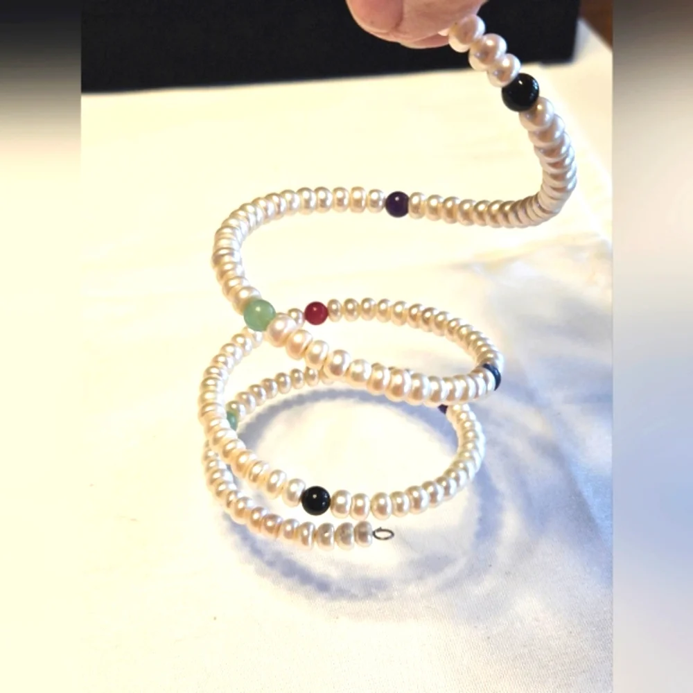Button Pearl Colorful Gemstone Bangle Wrap Bracelet